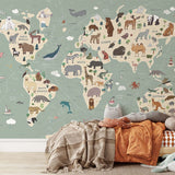 Papier peint panoramique carte du monde illustré, dans une chambre d'enfant