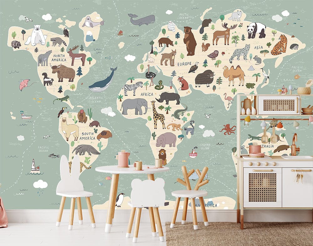 Deuxième vue du papier peint carte du monde dans une chambre d'enfant