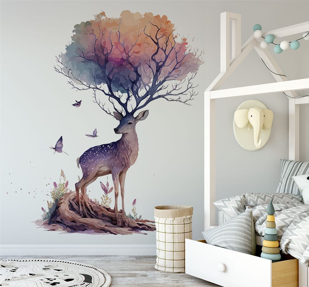 Papier peint panoramique cerf aquarelle illustré, dans une chambre d'enfant