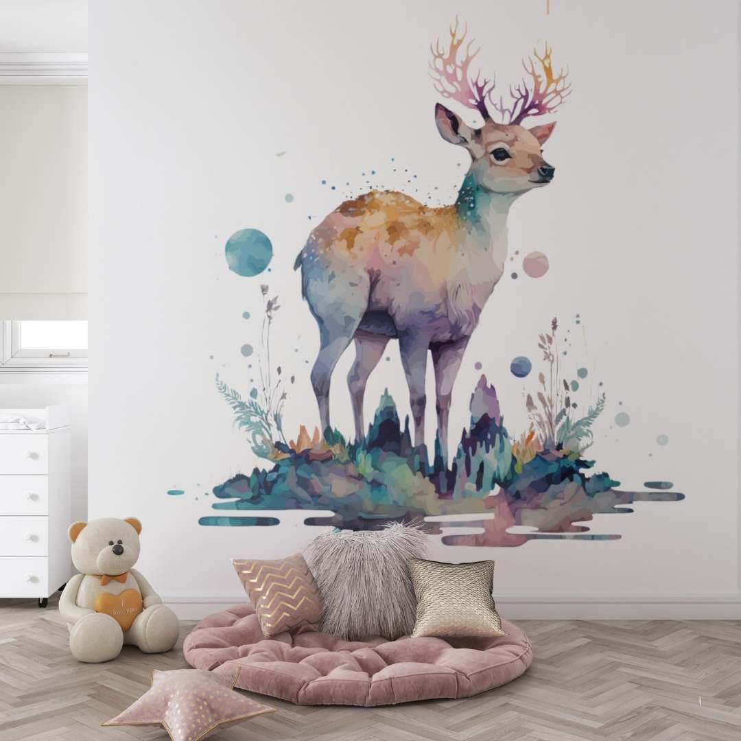 Papier peint panoramique cerf enchanté illustré, dans une chambre d'enfant