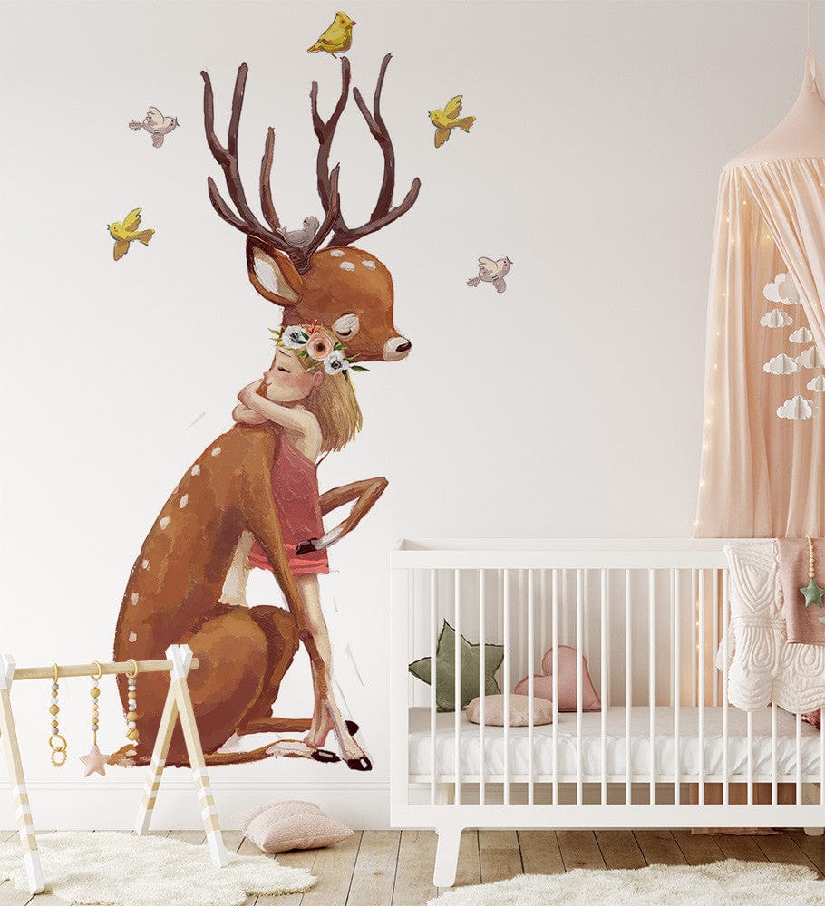 Papier peint panoramique cerf love illustré, dans une chambre d'enfant