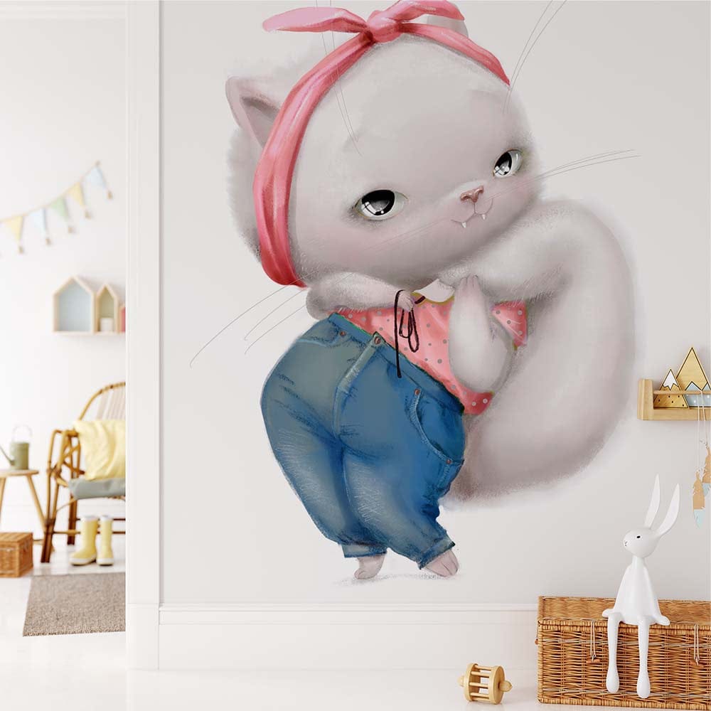 Papier peint panoramique chat illustré, dans une chambre d'enfant