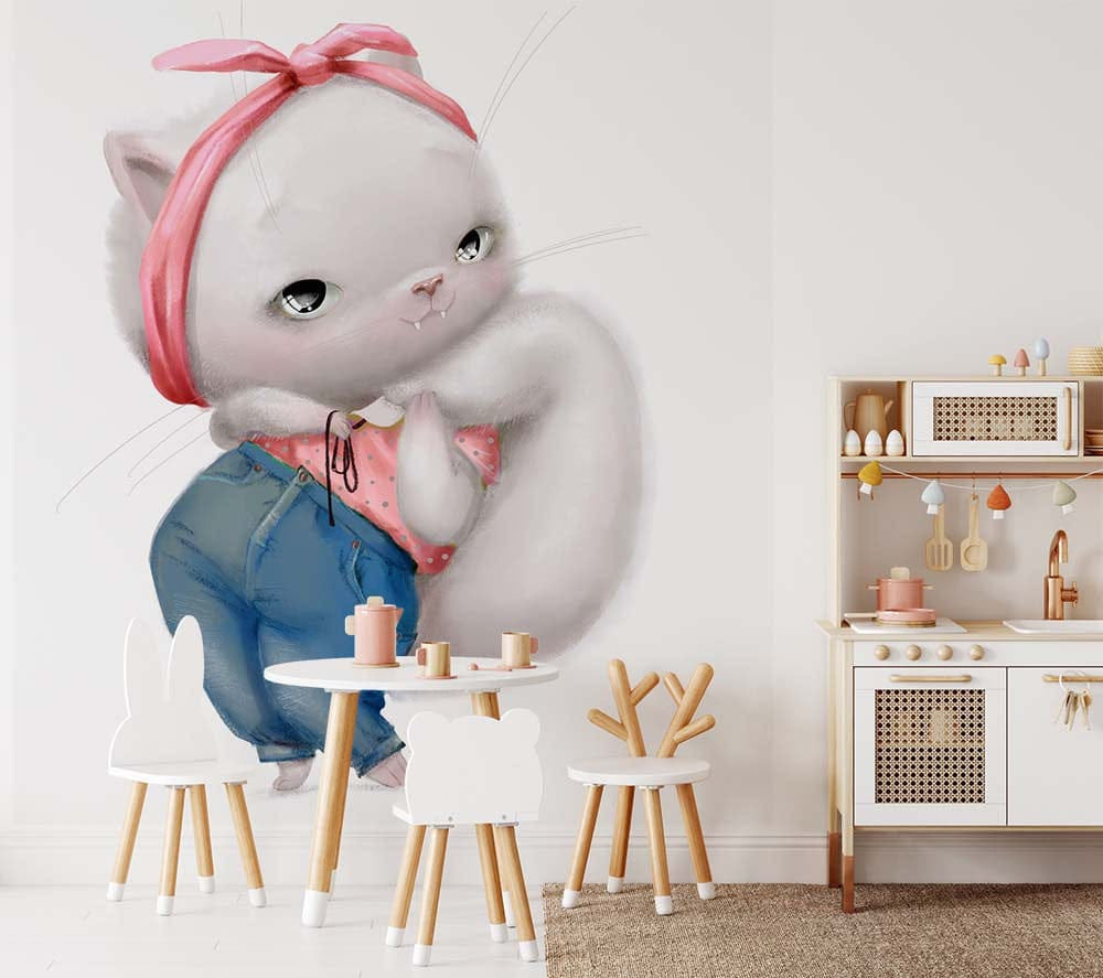 Deuxième vue du papier peint chat dans une chambre d'enfant