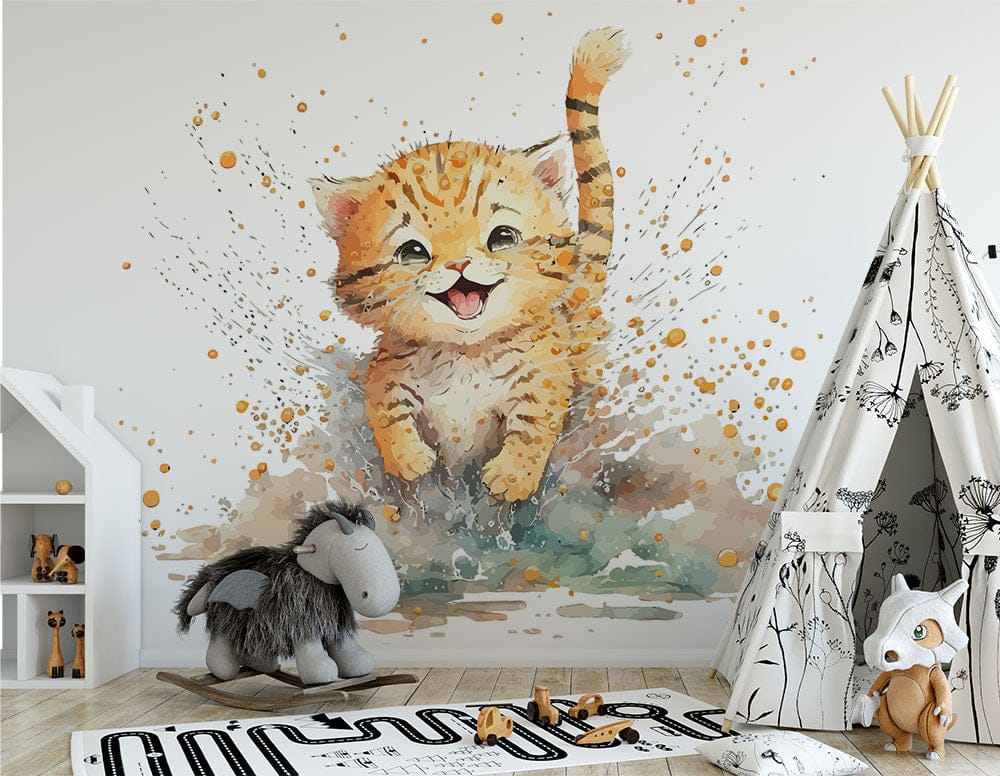 Papier peint panoramique chat mignon 2 illustré, dans une chambre d'enfant