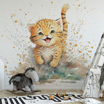 Papier peint panoramique chat mignon 2 illustré, dans une chambre d'enfant