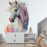 Papier peint panoramique cheval blanc aquarelle illustré, dans une chambre d'enfant