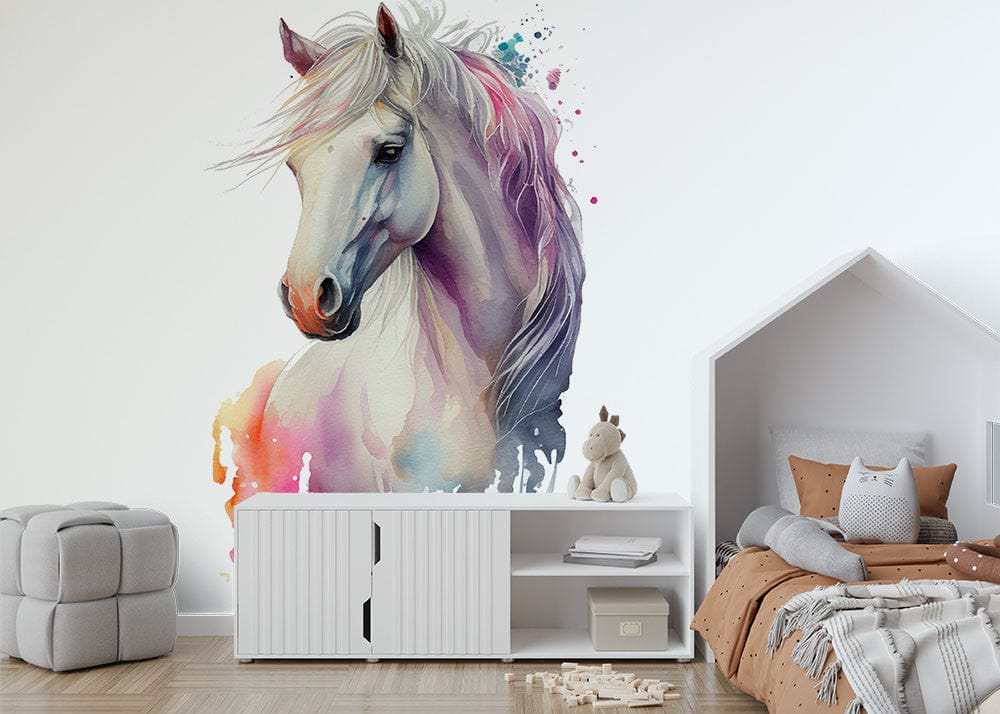 Papier peint panoramique cheval blanc aquarelle illustré, dans une chambre d'enfant
