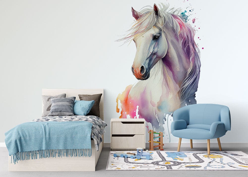 Deuxième vue du papier peint cheval blanc aquarelle dans une chambre d'enfant