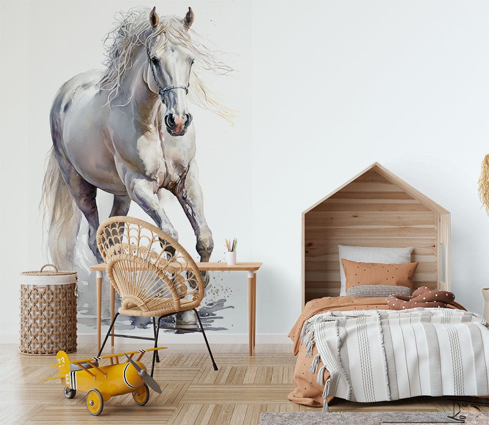 Papier peint panoramique cheval blanc aquarelle galop illustré, dans une chambre d'enfant