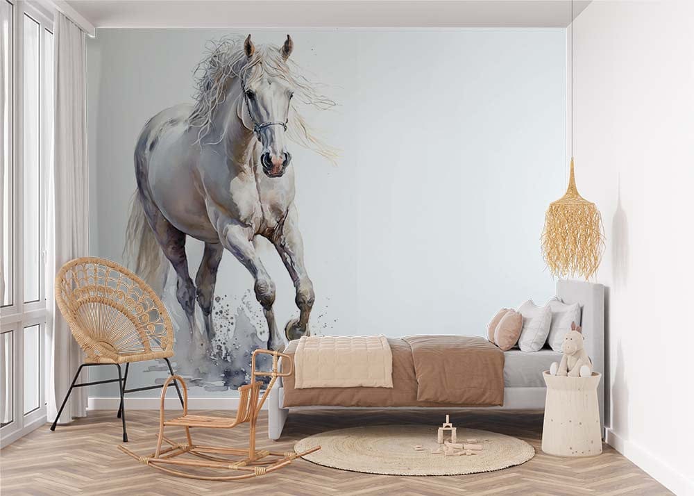 Deuxième vue du papier peint cheval blanc aquarelle galop dans une chambre d'enfant