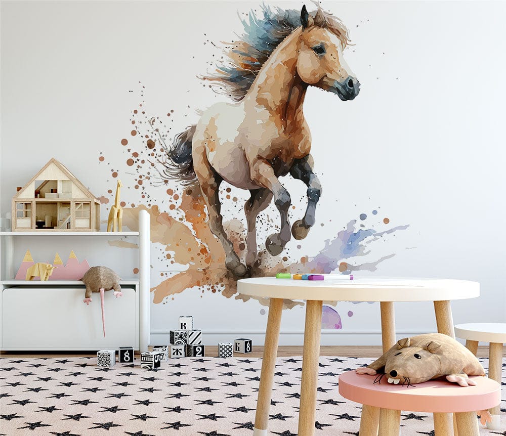 Deuxième vue du papier peint cheval crinière colorée dans une chambre d'enfant