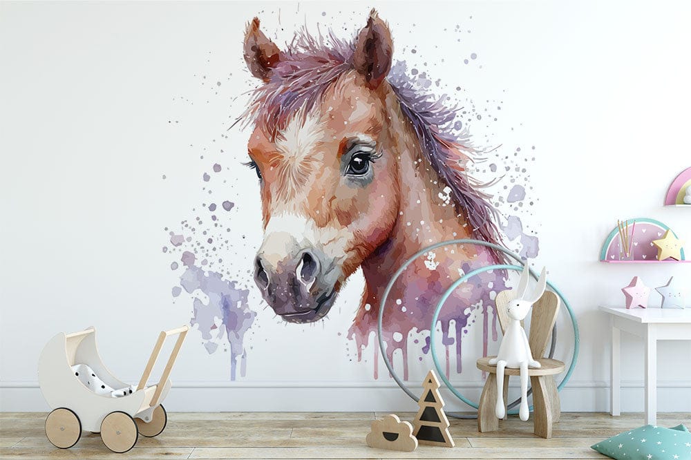 Papier peint panoramique cheval mignon illustré, dans une chambre d'enfant