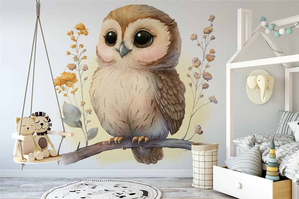Papier peint panoramique chouette branche illustré, dans une chambre d'enfant