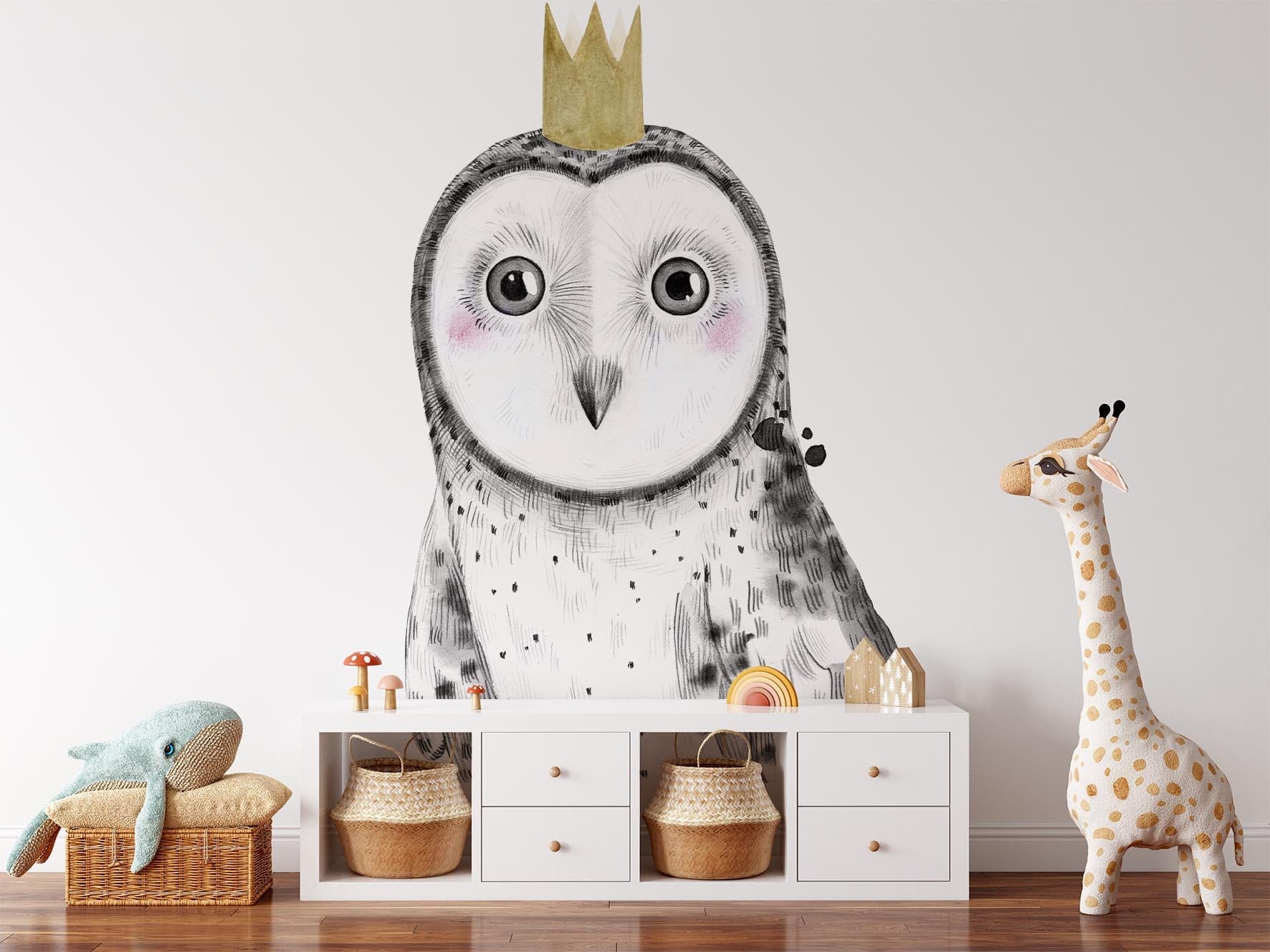 Papier peint panoramique chouette reine illustré, dans une chambre d'enfant