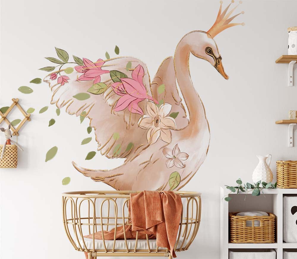 Papier peint panoramique cygne reine illustré, dans une chambre d'enfant