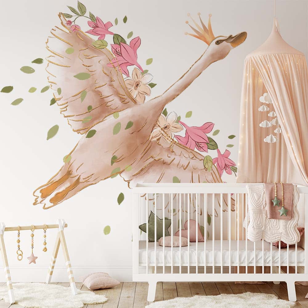 Papier peint panoramique cygne vol illustré, dans une chambre d'enfant