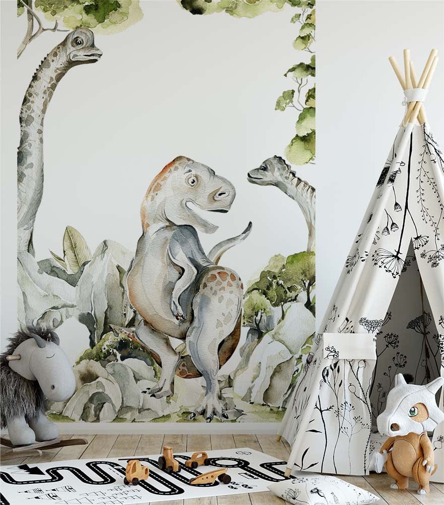 Papier peint panoramique dinosaure ballade illustré, dans une chambre de garçon