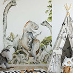 Papier peint panoramique dinosaure ballade illustré, dans une chambre de garçon