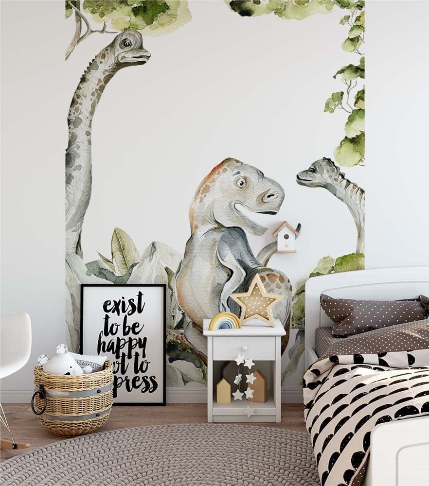 Deuxième vue du papier peint dinosaure ballade dans une chambre de garçon