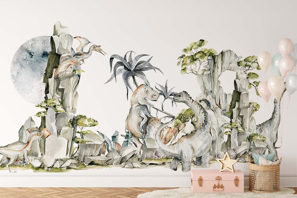 Papier peint panoramique dinosaure illustré, dans une chambre de garçon