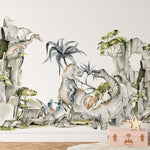 Papier peint panoramique dinosaure illustré, dans une chambre de garçon