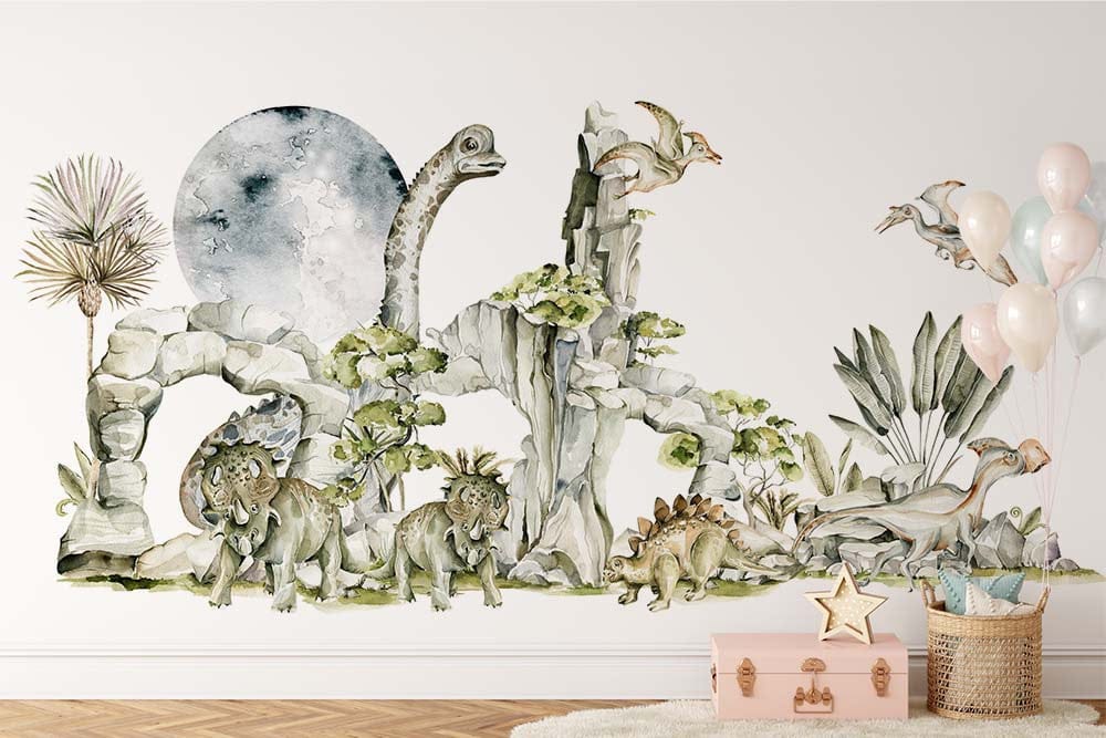 Deuxième vue du papier peint dinosaure dans une chambre de garçon
