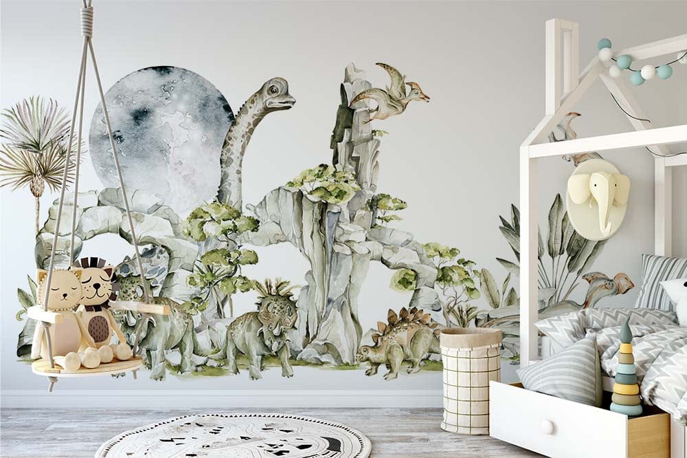Papier peint panoramique dinosaure au clair de lune illustré, dans une chambre de garçon