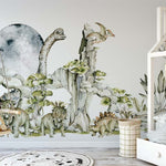 Papier peint panoramique dinosaure au clair de lune illustré, dans une chambre de garçon