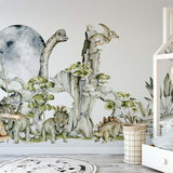 Papier peint panoramique dinosaure au clair de lune illustré, dans une chambre de garçon