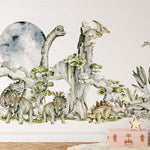 Deuxième vue du papier peint dinosaure au clair de lune dans une chambre de garçon