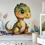 Papier peint panoramique dinosaure mignon illustré, dans une chambre de garçon