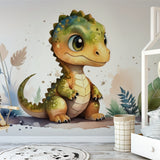 Papier peint panoramique dinosaure mignon illustré, dans une chambre de garçon