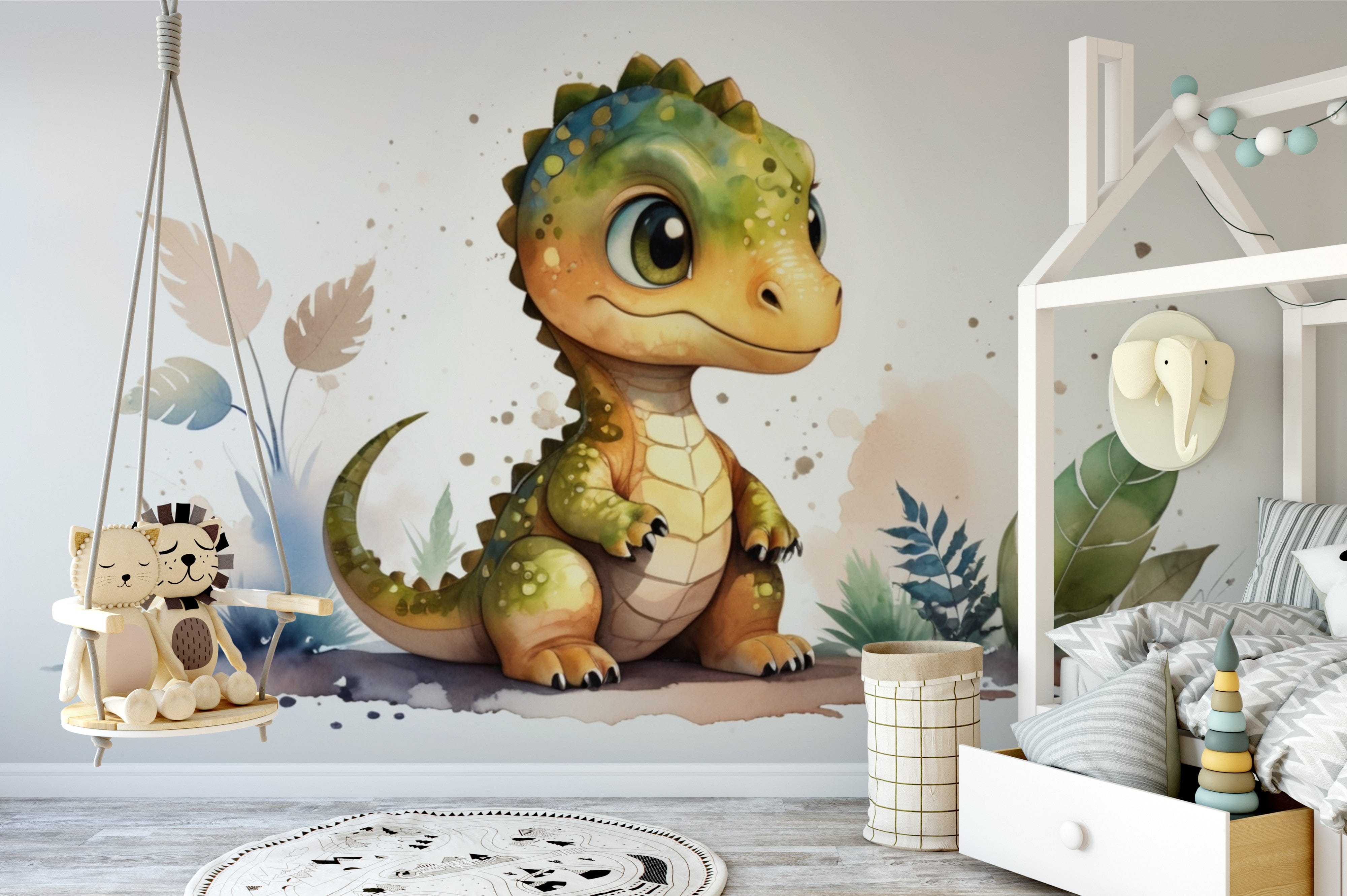 Papier peint panoramique dinosaure mignon illustré, dans une chambre de garçon