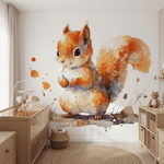 Papier peint panoramique écureuil bois illustré, dans une chambre d'enfant