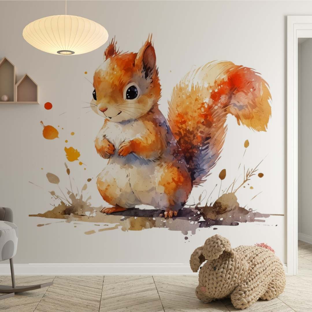 Troisième vue du papier peint écureuil bois dans une chambre d'enfant