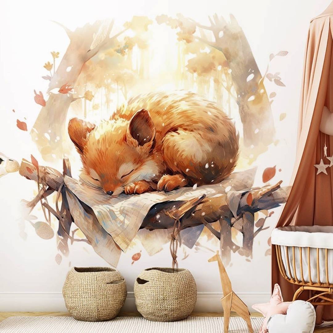 Papier peint panoramique écureuil dans les nuages illustré, dans une chambre d'enfant