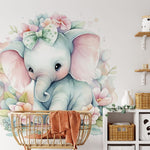 Papier peint panoramique éléphant aquarelle fleurs illustré, dans une chambre d'enfant