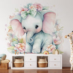 Deuxième vue du papier peint éléphant aquarelle fleurs dans une chambre d'enfant