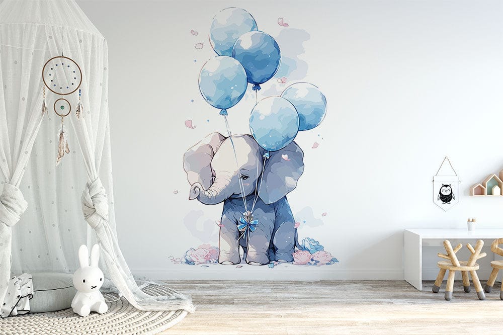 Papier peint panoramique éléphant avec ces ballons illustré, dans une chambre de bébé