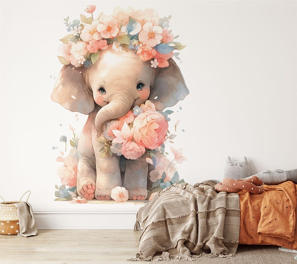 Papier peint panoramique éléphant couronne de fleurs illustré, dans une chambre de bébé