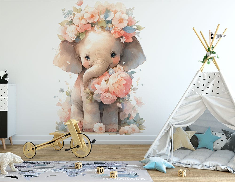 Deuxième vue du papier peint éléphant couronne de fleurs dans une chambre de bébé
