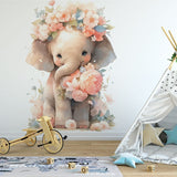 Deuxième vue du papier peint éléphant couronne de fleurs dans une chambre de bébé