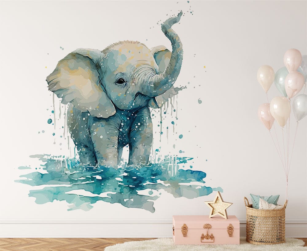 Papier peint panoramique éléphant joueur illustré, dans une chambre d'enfant