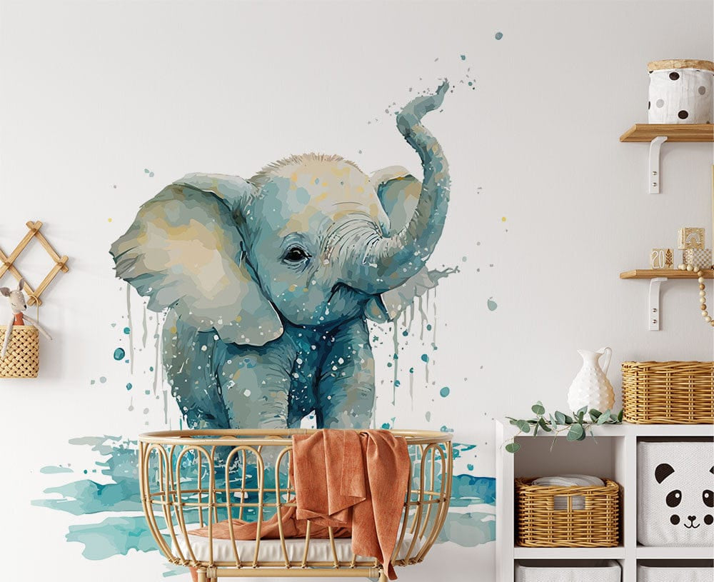 Deuxième vue du papier peint éléphant joueur dans une chambre d'enfant