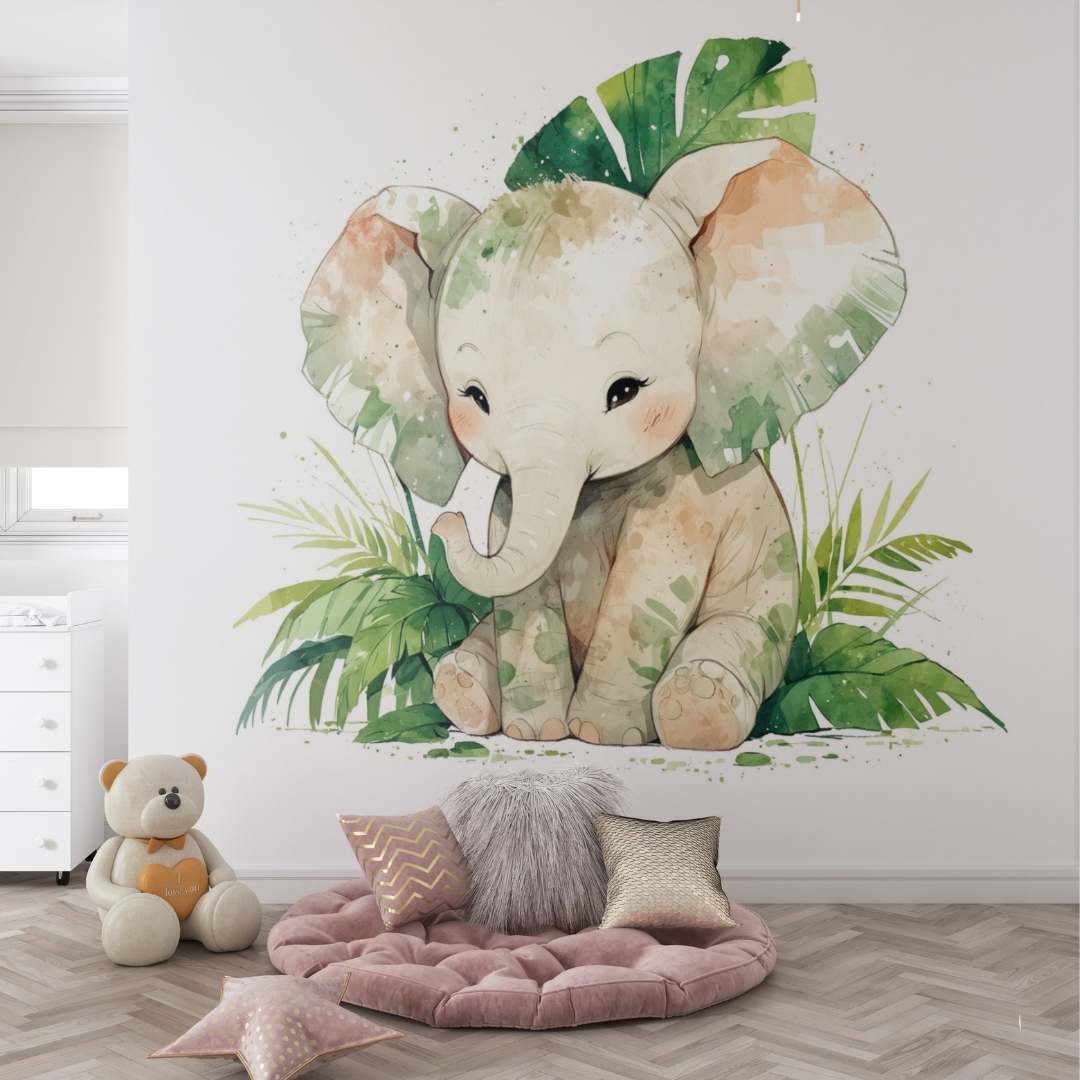 Troisième vue du papier peint éléphant jungle dans une chambre d'enfant