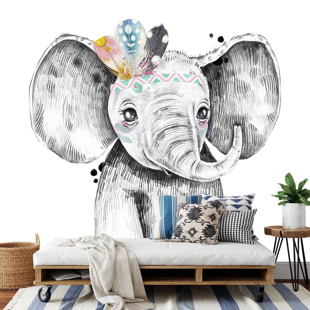 Papier peint panoramique éléphant plumes colorées illustré, dans une chambre d'enfant