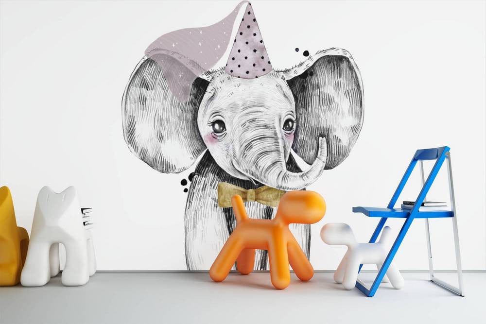 Deuxième vue du papier peint éléphant princesse dans une chambre de fille