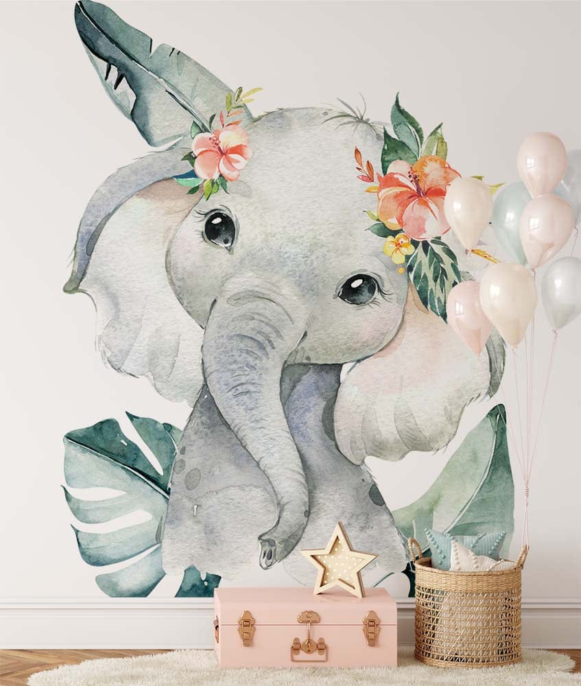 Papier peint panoramique éléphant tout mignon illustré, dans une chambre d'enfant
