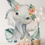 Papier peint panoramique éléphant tout mignon illustré, dans une chambre d'enfant