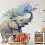 Papier peint panoramique éléphant trompe magique illustré, dans une chambre d'enfant